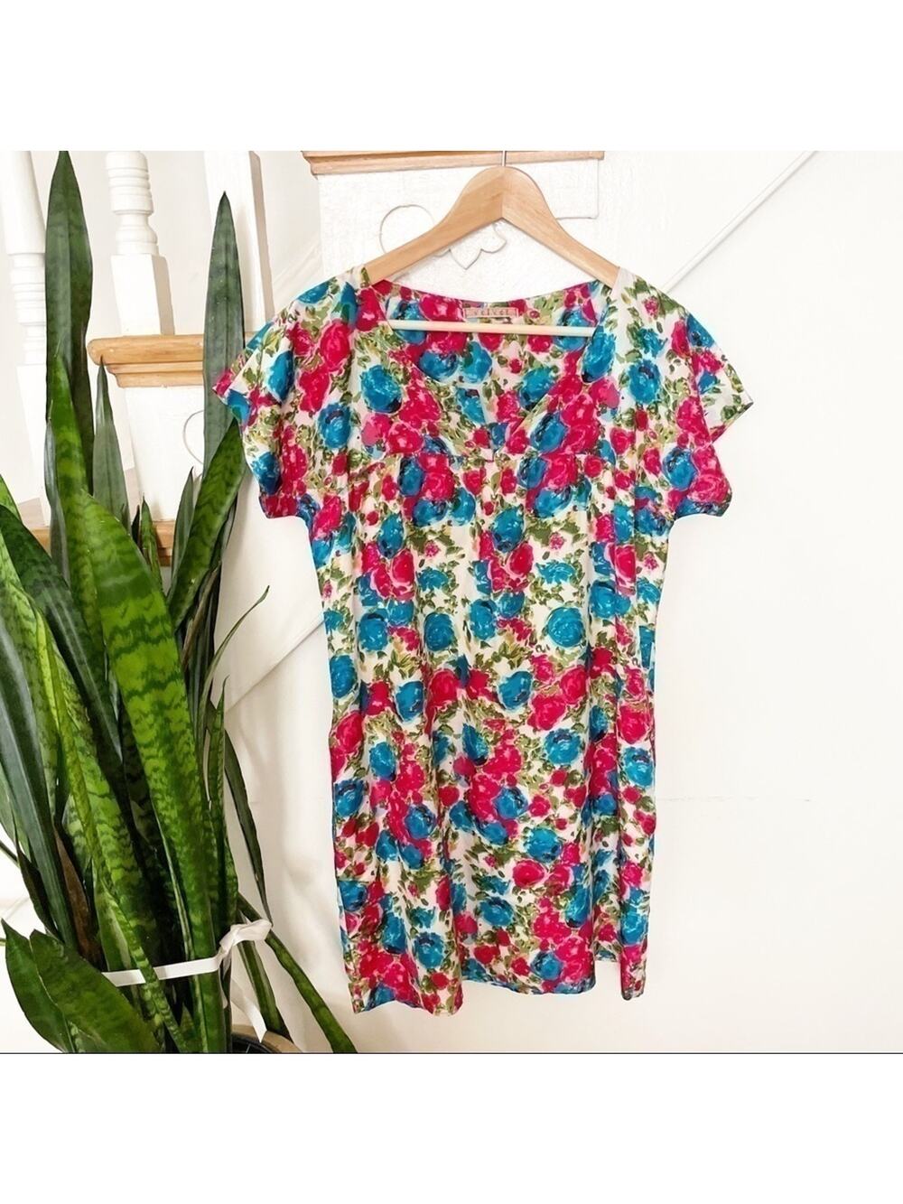 Velvet Pink & Blue Floral Silk Mini Dress